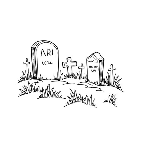 A simple yet evocative line art illustration depicting a cluster of gravestones in a quiet cemetery scene, rendered in monochrome black and white. The scene encourages contemplation, reflection, andのイラスト素材