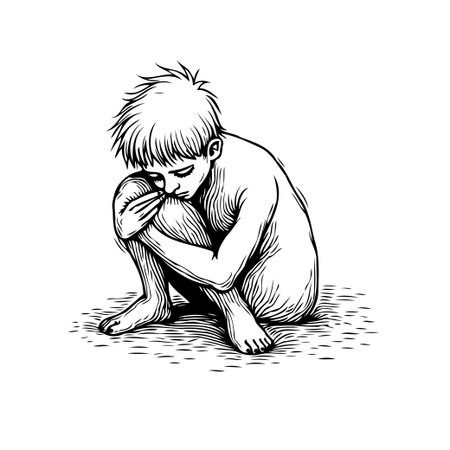 This monochromatic graphic illustration portrays a young boy consumed by deep thought and overwhelming feelings. The evocative lines and shading convey a profound sense of vulnerability and innerのイラスト素材