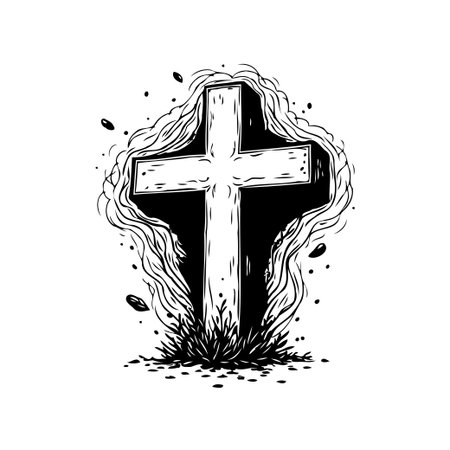 Stylized illustration of a cross as a symbol of belief and spirituality. The monochrome image features abstract smoke and grass around the structure, evoking a gothic feel and themes of remembrance,のイラスト素材