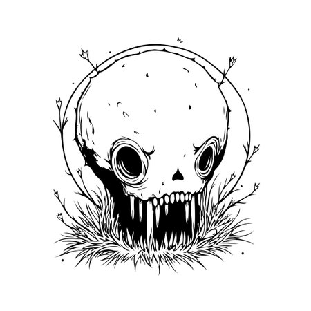 A striking monochrome illustration presents a stylized skull emerging from organic flora. This surreal depiction blends the macabre with nature, creating a haunting yet artistic expression suitableのイラスト素材
