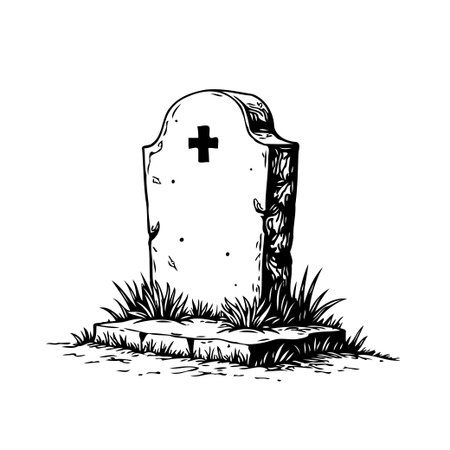 This grayscale image portrays a solemn grave marker, weathered and standing amidst grass. It evokes themes of remembrance, mourning, and the passage of time, representing the stillness of death andのイラスト素材
