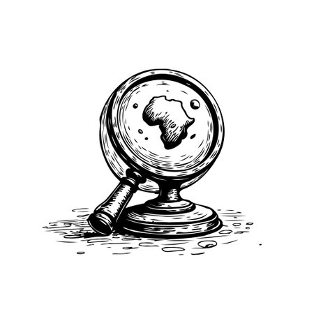 A monochrome sketch shows a magnifying glass focused on the continent of Africa. The graphic artwork conveys concepts of research, travel, and geographical exploration, presenting a detailed yetのイラスト素材