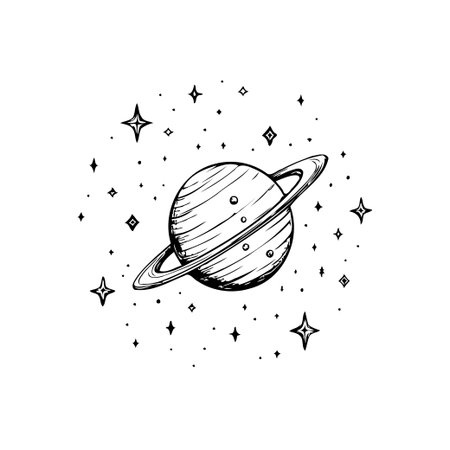 A hand-drawn illustration depicts a ringed planet amidst a scattered array of stars. The artwork evokes a sense of wonder regarding outer space and celestial bodies. Its minimal design makes itのイラスト素材