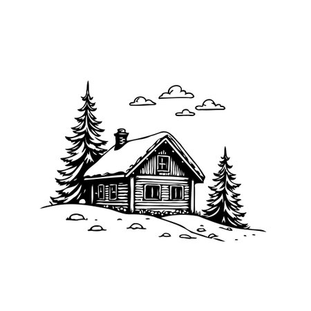 A hand-drawn depiction of a cozy cabin nestled in a winter landscape, snow covers the roof and ground, with serene evergreen trees and minimalist clouds adding to the feeling of quiet solitude andのイラスト素材