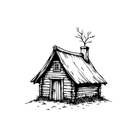 This monochrome drawing of a rustic log cabin conveys tranquility. The isolated scene evokes a feeling of escapism, encouraging viewers to envision a peaceful retreat in a simple dwelling surroundedのイラスト素材