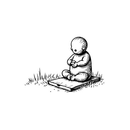 An ink illustration presents a seated figure on a wooden surface amidst grass, evoking tranquility and quiet contemplation. The minimal design highlights the serene nature and isolatedのイラスト素材