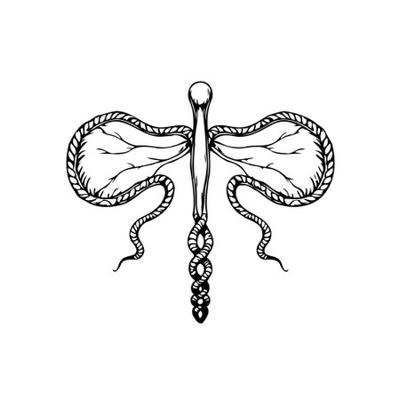 A stylized abstract drawing showcases a dragonfly rendered with intricate intertwining design elements. Resembling natural veins and a serpent form, this artwork captivates with its detailed lineのイラスト素材