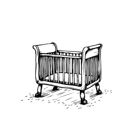 This evocative hand-drawn illustration features a classic wooden baby crib, embodying themes of...