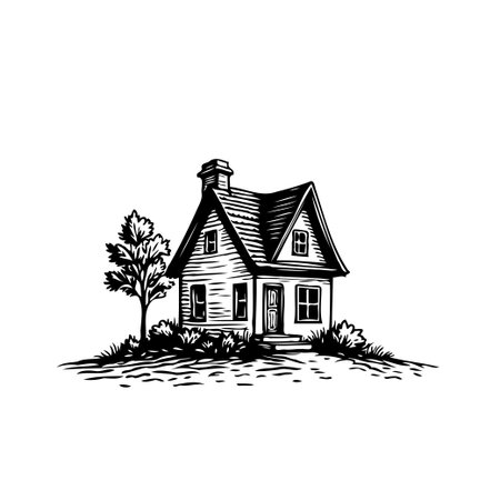 This monochrome illustration captures the serene essence of a quaint house nestled amidst nature. The artwork emphasizes the timeless allure of rural architecture with a touch of vintage charm.のイラスト素材