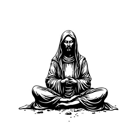A monochrome illustration portrays a religious figure in a meditative posture, conveying a sense of spiritual contemplation and inner peace. The artwork emphasizes the figure's serene expression andのイラスト素材