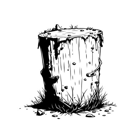 A detailed monochrome illustration of a tree stump reveals its natural texture, growth rings, and the gradual process of decay. The surrounding grass and rocks enhance the image's natural essence,のイラスト素材