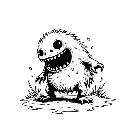 A cheerful cartoon illustration of a monster. With its spiky fur and goofy grin, this unique cartoon character is sure to spark a smile. The monochrome drawing is playful and artistic, perfect forのイラスト素材