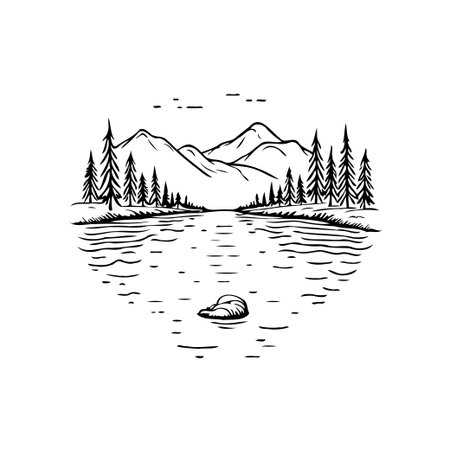A hand-drawn illustration showcases a breathtaking mountain landscape featuring a serene lake reflecting the sky and tall pine trees. The minimalist style and monochrome palette create a sense ofのイラスト素材