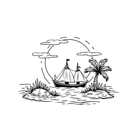 A serene seascape illustration features a sailing vessel navigating between small tropical islands. Palm trees sway gently as the sun casts warm light, creating a scene of perfect tranquility forのイラスト素材