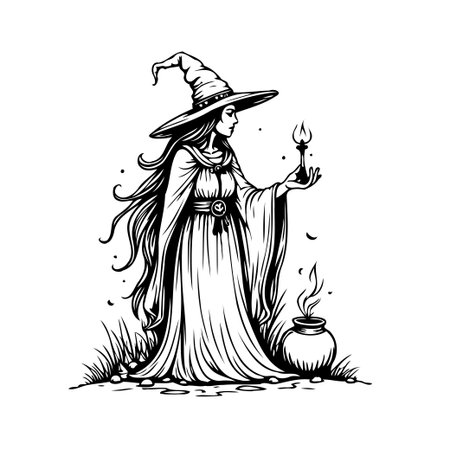 A striking black and white illustration depicts a mysterious witch casting a spell. Holding a candle, with a cauldron nearby, the drawing evokes a sense of old-world magic and enchantment, perfectのイラスト素材