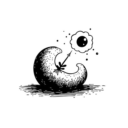 A hand-drawn whimsical illustration features a dark fuzzy crescent shape seemingly pierced by an arrow. The arrow points upward toward an egg-shaped cloud with a single eye. This black and whiteのイラスト素材