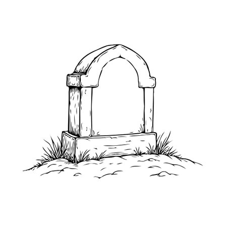 A monochromatic drawing depicts a vintage gravestone, set amongst grassy tufts. The stylized sketch evokes feelings of remembrance and contemplation. The headstone, carved from stone, stands as aのイラスト素材