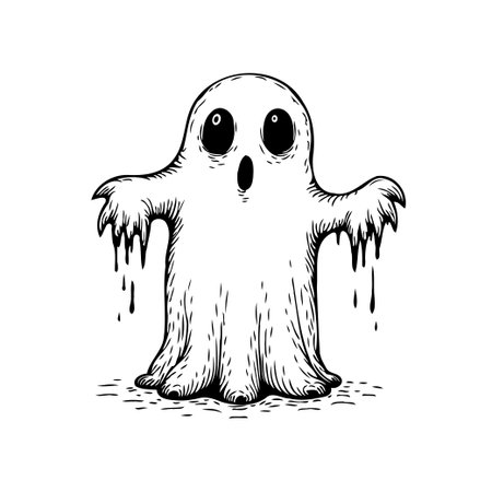 A monochrome cartoon illustration showcasing a classic Halloween ghost. The ghost features spooky dripping details adding to its eerie charm. Perfect for seasonal designs, festive cards, or thematicのイラスト素材