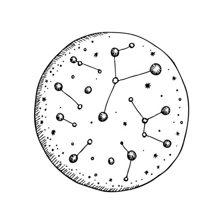 An intricate ink drawing presents a textured sphere, overlaid with a network of constellations, showcasing an artistic representation of astronomy and cosmic connections, perfect for designs needingのイラスト素材