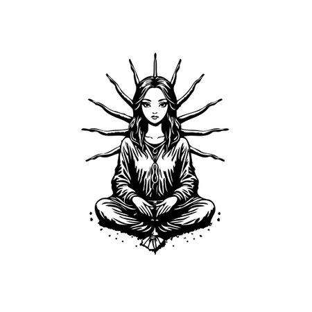 This monochrome illustration portrays a serene woman in lotus position exuding an aura of tranquility and spiritual energy. The image symbolizes inner peace, mindfulness, and connection to theのイラスト素材