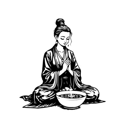 A serene illustration captures a woman meditating with graceful composure, emphasizing mindfulness. She sits cross-legged, hands in prayer position, with a bowl of water nearby. The image evokesのイラスト素材