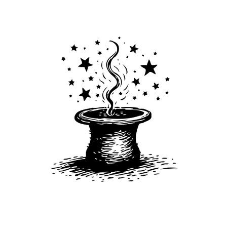 This evocative image showcases a stylized top hat, the source of swirling smoke that dances amidst a constellation of stars. Symbolizing magic, wonder, and the realm of illusions, this graphicのイラスト素材
