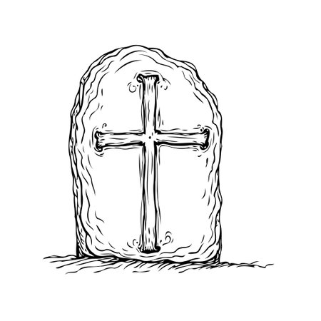This stylized illustration showcases a cross carved into an old stone, suggesting a sense of history, spirituality, and lasting faith, the sketch-like quality adds to its antique feel providing aのイラスト素材