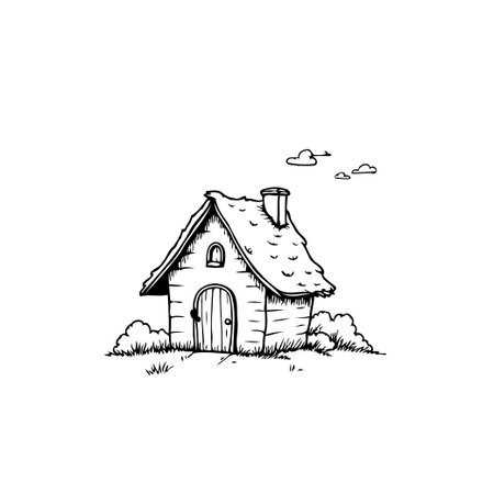 A hand-drawn sketch captures a quaint cottage with a chimney, complemented by gentle clouds floating overhead, offering a view of simple living and the building's charm enhanced by minimalistのイラスト素材