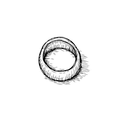 A simple monochrome sketch shows a hollow ring object. It is formed with textural hatching and subtle shading. The handmade artistic illustration conveys a sense of minimalism and artisticのイラスト素材