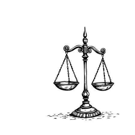 This refined illustration depicts the scales of justice, symbolizing the principles of law, fairness, and the balance of rights and responsibilities within the legal system. It portrays a classicのイラスト素材