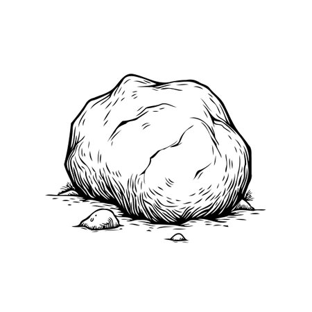 Detailed monochromatic illustration of a solitary rock. The drawing emphasizes the rock's rough surface and geological formation through detailed shading and line work. The stark black and whiteのイラスト素材