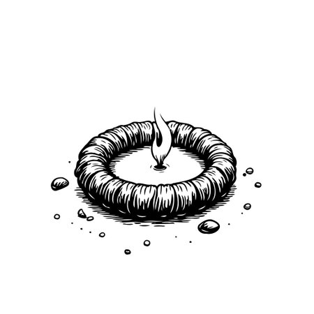A single candle encircled by a textured braided rope. A monochrome illustration portrays a simple yet profound symbol of light in the darkness. Creates a sense of tranquility, contemplation, andのイラスト素材
