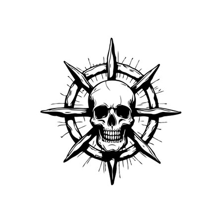 Intricate monochrome illustration featuring a skull positioned within a radiating celestial burst, symbolizing the delicate balance between mortality and infinite cosmic energy. Evokes a sense ofのイラスト素材