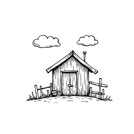 A black and white line drawing depicts a quaint shed nestled under fluffy clouds, evoking a sense of rural peace and simplicity. The rustic building, surrounded by a small fence and vegetation, hasのイラスト素材