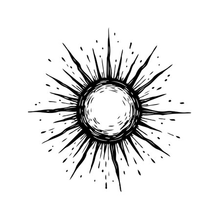 This illustration captures a celestial sun emitting powerful beams of light, styled with a rough, hand-drawn feel. Its textured surface and sharp lines add a touch of cosmic energy, evoking themesのイラスト素材