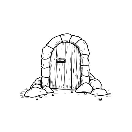 Captivating illustration of an arched stone doorway with a wooden door, hinting at a hidden passage or an entrance to another world. The simple yet detailed sketch style creates a sense of mysteryのイラスト素材