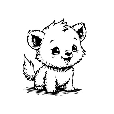 A delightful monochrome illustration showcases a cheerful cartoon puppy, its playful posture and happy expression radiating warmth. The artwork captures the essence of puppyhood, evoking feelings ofのイラスト素材