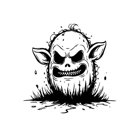 A stylized black and white depiction of a cartoonish monster with prominent ears and an intensely angry expression, rendered in a whimsical yet spooky drawing style suitable for art illustrationのイラスト素材