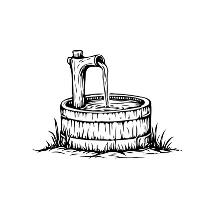 An illustration of a vintage water fountain featuring a wooden barrel filled with flowing water, evokes a sense of rustic charm and tranquility. Ideal for themes related to nature, vintage designs,のイラスト素材