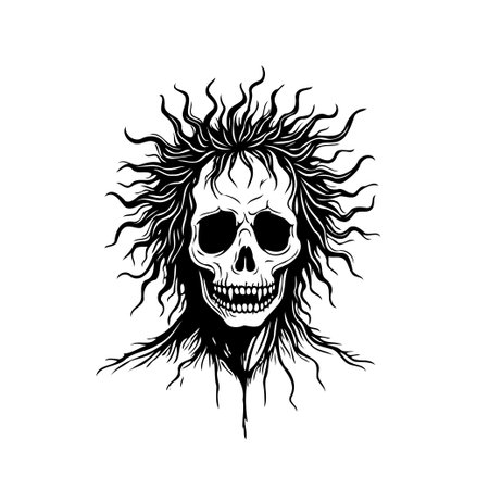 An evocative monochrome skeletal visage artwork that prompts contemplation on mortality. Featuring a haunting skull figure with dynamic, swirling tendrils, this dark art piece is a symbolicのイラスト素材
