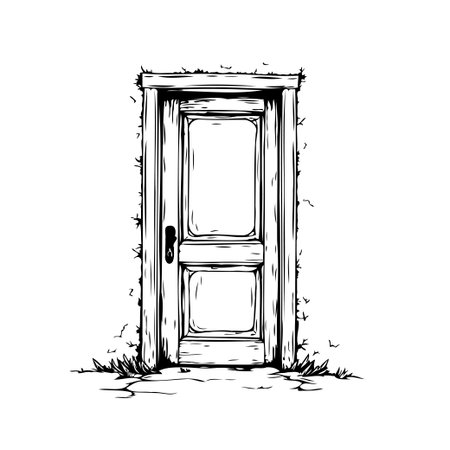 A vintage door in a dilapidated framework drawing with a rough sketch style shows an isolated and ignored doorway in a forsaken and decaying old space giving a timeworn feel with aged lines and aのイラスト素材