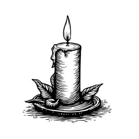 A detailed monochrome illustration portrays a lit candle on an antique holder, surrounded by botanical leaves. The hand-drawn style with engraved textures evokes vintage charm, suggesting ambiance,のイラスト素材