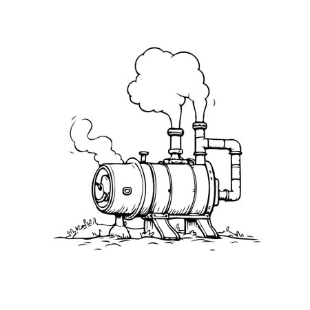 A whimsical sketch features a steampunk boiler, complete with intricate pipes and billowing plumes of smoke rising from its chimney. This illustration blends vintage aesthetics with fantasticalのイラスト素材