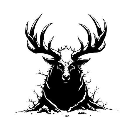 Intricate vector illustration of a majestic deer emerging from a network of roots. The black and white design creates a visually compelling symbol of nature, strength, and resilience. This artworkのイラスト素材