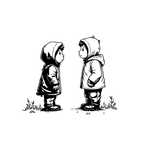 A minimalist illustration features two young children, standing face to face, adorned in hooded outerwear. The monochrome graphic style highlights their innocence and shared interaction, whileのイラスト素材