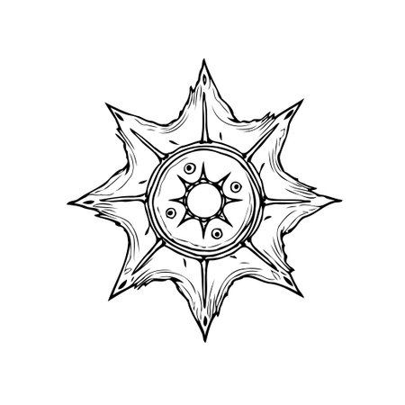 A vintage style sunburst drawing with radiant rays emanating from the center. The hand-drawn style illustration creates a mystical and celestial feel. This abstract graphic showcases a radiant solarのイラスト素材