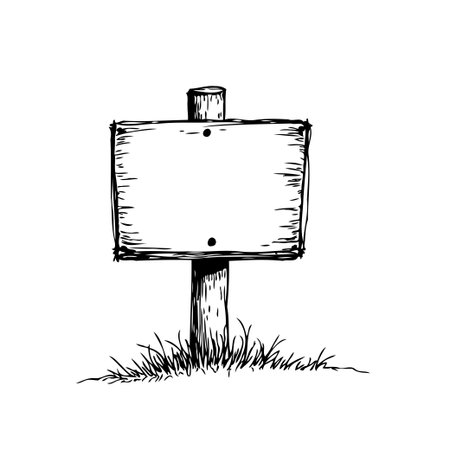 A hand drawn illustration of a wooden signboard standing amidst a patch of grass, offering a blank template. The simple design is ideal for adding custom text, graphics, or messages for a variety ofのイラスト素材