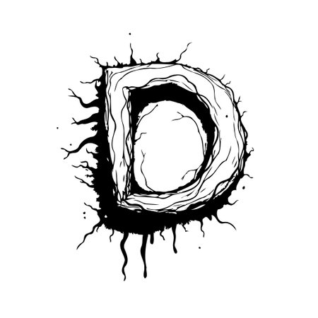 This striking image presents a creatively designed letter 'D', rendered in a textured, monochrome style. The artistic ink splatters and organic shapes create a visually appealing graphic, ideal forのイラスト素材