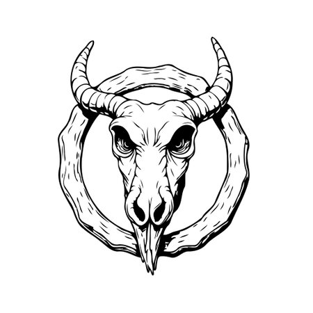 A hand-drawn bull skull emblem encircled by a rustic vintage frame, evoking mystical and gothic aesthetics. This monochrome vector graphic is perfect for adding a touch of artistic and decorativeのイラスト素材