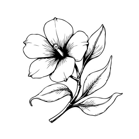 A beautifully detailed botanical line drawing showcases a blooming flower surrounded by elegant leaves. The minimalist black and white design evokes a sense of natural beauty and is perfect forのイラスト素材